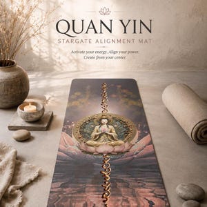 May include: A yoga mat with the text "QUAN YIN" and "STARGATE ALIGNMENT MAT". The mat features an illustration of a seated figure within a lotus flower, with a water reflection design. The mat is rectangular and has a rolled-up yoga mat next to it.