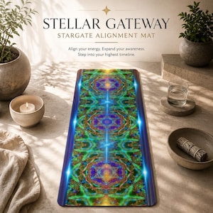 Op de afbeelding: Een rechthoekige yogamat met een levendig, geometrisch ontwerp in tinten blauw, groen en paars. De mat heeft een donkerblauwe rand en de tekst "STELLAR GATEWAY" en "STARGATE ALIGNMENT MAT". De mat is ontworpen om energie uit te lijnen en het bewustzijn uit te breiden.