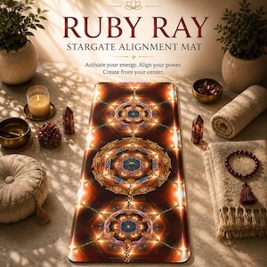 May include: A rectangular yoga mat with a geometric design in shades of brown, gold, and blue. The mat is surrounded by a candle, crystals, a rolled towel, and a meditation cushion. The text "RUBY RAY STARGATE ALIGNMENT MAT" is displayed at the top.