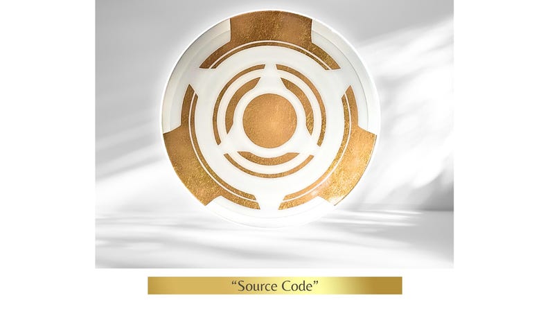 May include: A white decorative plate with a gold geometric design. The plate features a central gold circle surrounded by concentric rings and angular gold accents. The text "Source Code" is displayed below the plate.