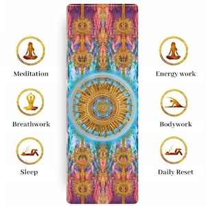 May include: A colorful yoga mat with a large gold sun design in the center. The mat has a variety of colors, including pink, blue, and purple. The sun design is surrounded by smaller gold circles. The mat is perfect for yoga, meditation, and other forms of exercise.