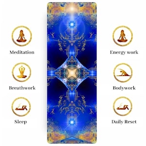 Puede incluir: Una esterilla de yoga con un diseño celestial azul y dorado. La esterilla presenta ilustraciones y texto para la meditación, la respiración, el sueño, el trabajo energético, el trabajo corporal y el reinicio diario. El diseño incluye un patrón geométrico central y detalles dorados.