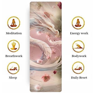 May include: A white yoga mat with a pink and white dragon design. The mat has a floral pattern with pink and white flowers. The mat is surrounded by icons representing different types of yoga practices, including meditation, breathwork, bodywork, sleep, and daily reset.