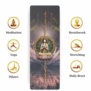 May include: A yoga mat with a colorful design featuring a woman meditating on a lotus flower. The mat has a gold border and the words "Meditation, Yoga, Pilates, Breathwork, Stretching, Daily Reset" are written around the mat.