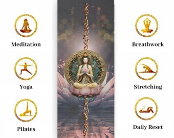 Quan Yin &#39;&#39;Alignment Mat&#39;&#39;, Encoded with light codes, Natural rubber Yoga mat incl Strap