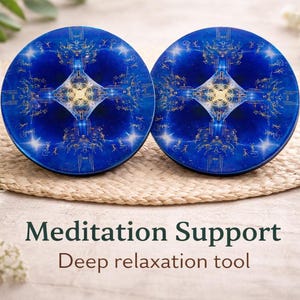 Peut inclure: Deux supports de méditation ronds bleus avec des motifs géométriques dorés et blancs. Ils sont posés sur un tapis tissé, avec le texte "Meditation Support" et "Deep relaxation tool" en dessous.