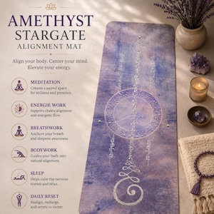 May include: Amethyst Stargate alignment mat with a purple and blue watercolor design. The mat features a circular design with decorative elements and text. The image includes a candle, crystals, and a beaded bracelet.