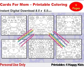 Printable Cards for Mom, Digital Coloring,  I Love Mom Cards, Mom Birthday DIY Card