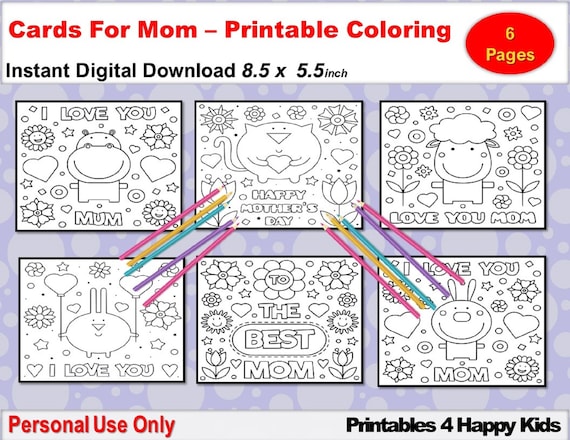 Printable Cards for Mom Digital Coloring I Love Mom Cards | Etsy