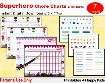 Superhero Chore Charts/Reward Charts, Boys & Girls,  Printable Chore Charts for Kids with Stickers