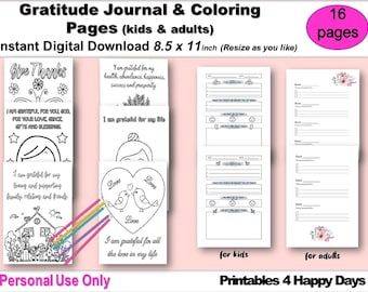 Gratitude Journal and Coloring Pages, Adult Coloring Book Instant Download, Kids Coloring Pages, Printable Coloring