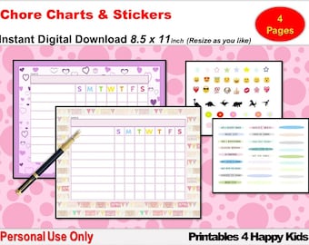 Chore Chart for Kids, Pink Hearts, Behaviour, Reward, Routine Chart for Girls. Star Chart, Potty Training Chart with Stickers, Printable PDF