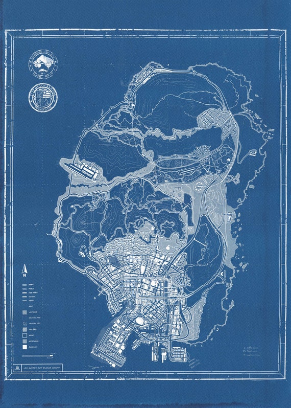 True Cyanotype Blueprint Plan Los Santos Gta V Map Etsy