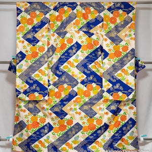 White & Vibrant Blue Silk Furisode - Geometric Shapes Seigaiha Shippou Clouds Peonies Gold Accenting - Traditional Japanese Women&#39;s Kimono