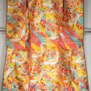 Retro Pink & Yellow 1980s Irouchikake Wedding Kimono - Vintage Silk with Metallic Embroidery - Cranes, Ribbons, Tortoise Shells, Peonies