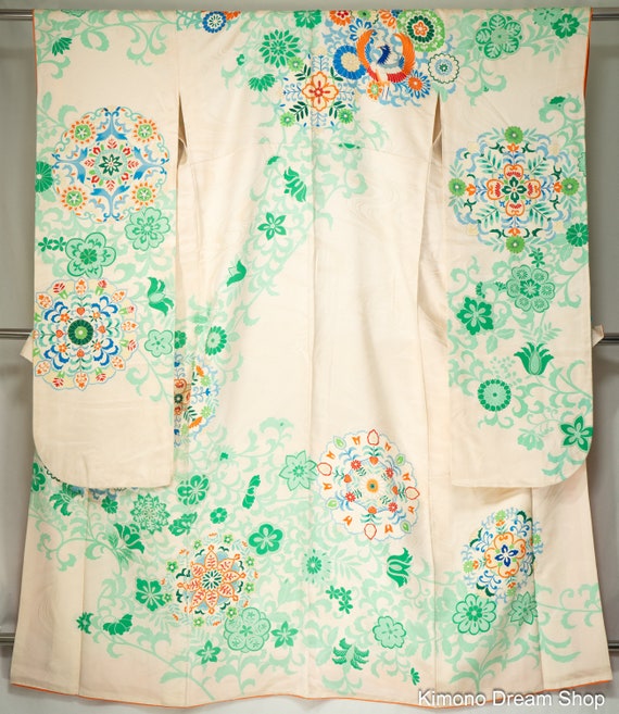 Circles & Flowers Off White Furisode with Green V… - image 1