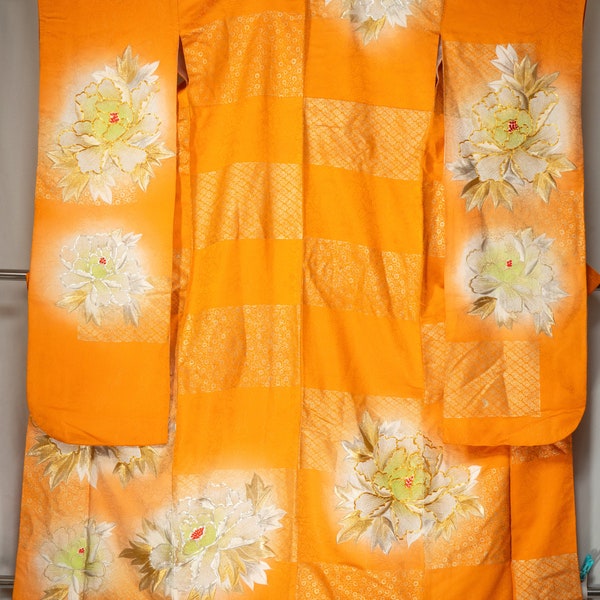 Bright Orange Rinzu Silk with White, SIlver, & Gold Peonies - Geometric Patterns of Diamonds, Chrystanthemums Vintage Formal Women's Kimono