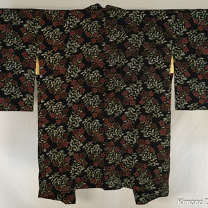Retro Red Flowers with White Leaves on Black Haori - Vintage 1960s Soft Chirimen Silk Kimono Jacket for Women - Screen Printed
