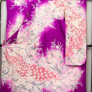 Pink Peacocks on Vibrant Purple Furisode for Women - Wedding Guest Kimono, Wishing a Long Marriage - White Plum Blossoms, Vintage 1980s Silk