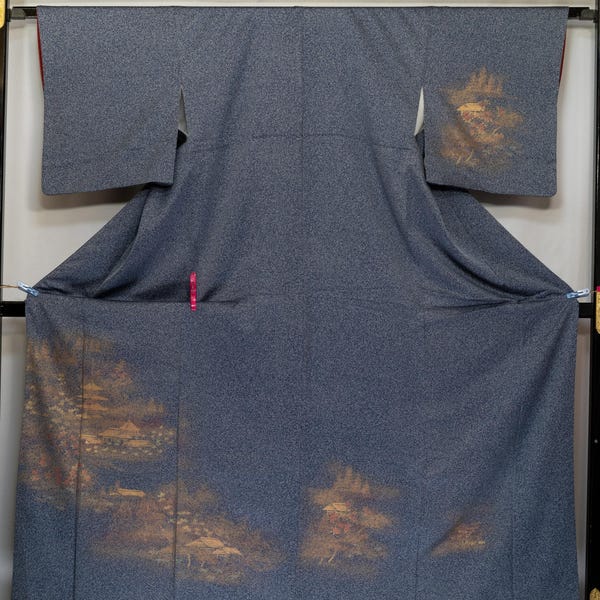 Azul Gris Oro Vintage Houmongi con Marmoleado, Templos Pintados a Mano, Pagoda, Pueblo - Seda Suave