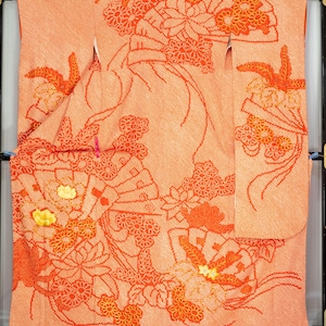 Vintage Orange White Furisode Soft Textured High Quality Rinzu Silk with Chrysanthemums, Embroidered Peonies, Shibori Aristocrat Fans Kimono