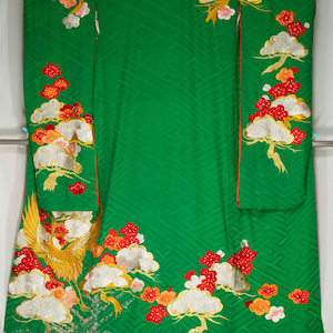 Green Kakeshita with Embroidered Plum Blossoms, Pine Trees, & Crane - Vintage Rinzu Silk Traditional Japanese Inner Wedding Kimono for Women