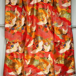 Retro Red Uchikake with Cranes Flying Over Ocean Waves - Vintage Silk Irouchikake Japanese Women&#39;s Wedding Kimono - Embroidered Peonies