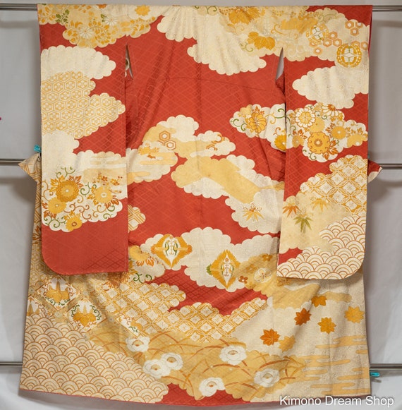 Patterns in Clouds Pastel Red Gold White Furisode - Antique Formal Women's Kimono High Quality Silk - Hishi Clouds Seigaiha Paulownia Cranes