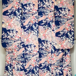 Blue with Pastels Furisode - Vintage Silk Traditional Long Sleeve Kimono - Chrysanthemums, Cherry Blossoms, Maple Leaves, Kikkou, Sayagata
