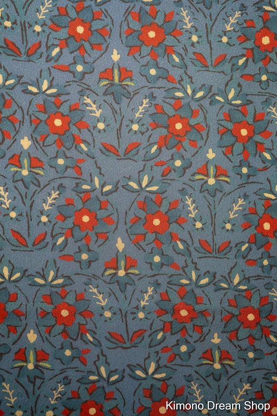 Blue Red Flowers Komon Women's Kimono Soft Silk - Abstract Simple Flowers
