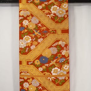 Red & Gold Silk Fukuro Obi with Phoenixes, Peonies, Bamboo Leaves in Diamonds - Flowers, Tortoise Shells, Maple Leaves - Women's Kimono Belt