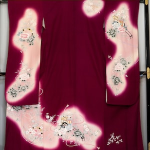 Travelling Carts with Flowers Silk Purple & Pink Furisode - Vintage Japanese Women&#39;s Kimono - Embroidered Peonies and Plum Blossoms