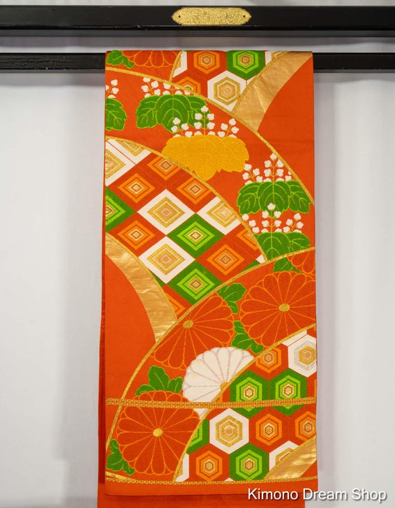 Vintage Orange Fukuro Obi with Autumn Colored Paulownias, Chrysanthemums, Hishi, Tortoise Shells - Traditional Women's Kimono Belt