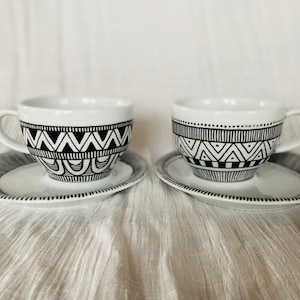 Set of 2 hand painted ceramic cups porcelain coffee tea cup black and white unique art gift