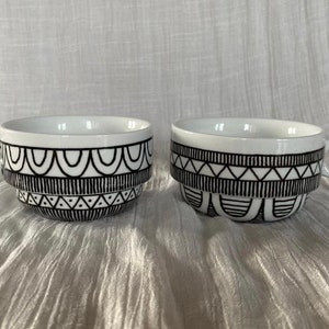 Set of 2 hand painted ceramic cups porcelain coffee tea cup black and white unique art gift