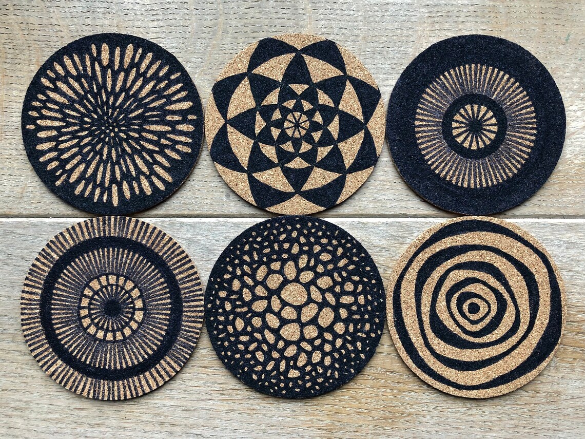 Hand Painted Cork Coasters Set of 6, Natural, Home Decoration, Unique