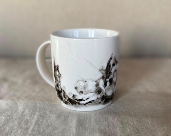 Hand painted ceramic mug porcelain coffee tea cup black and white unique art gift