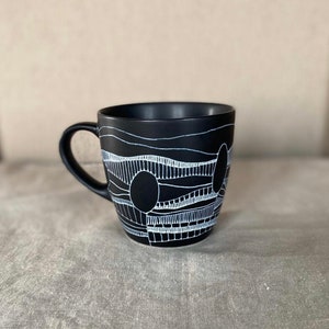 Hand painted ceramic mug porcelain coffee tea cup black and white unique art gift