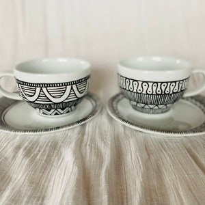 Set of 2 hand painted ceramic cups porcelain coffee tea cup black and white unique art gift