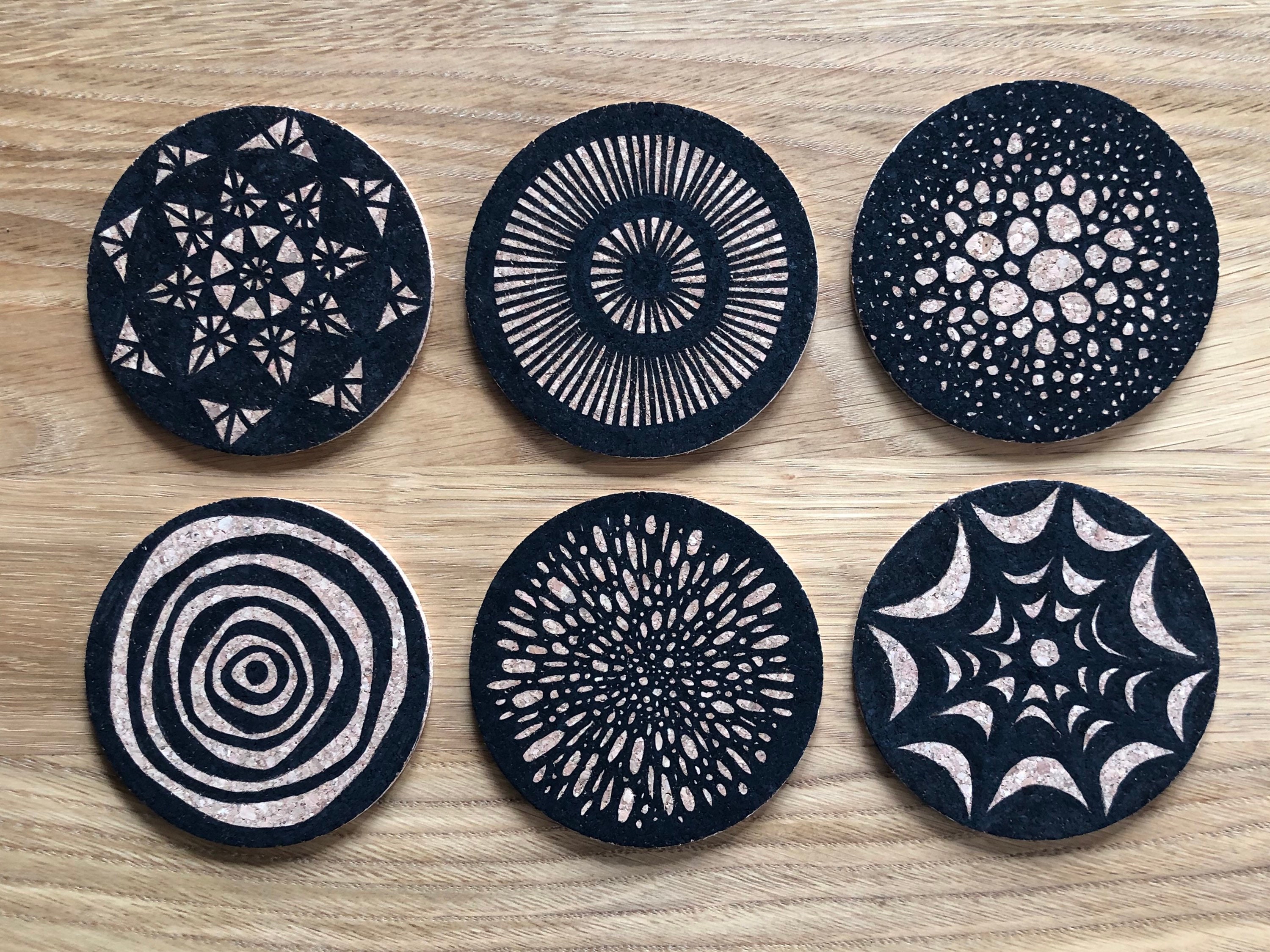 Hand Painted Cork Coasters Set of 6, Natural, Home Decoration, Unique