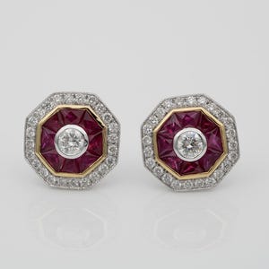 Art-Deco-18K Gold 1,40 Ct Natürliche Rubin & Diamant Ziel Ohrstecker