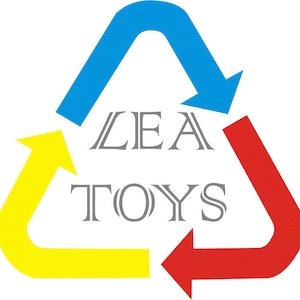 May include: A logo for a company called "LEA TOYS" with a recycling symbol in the background. The symbol is made up of three arrows, one blue, one yellow, and one red.