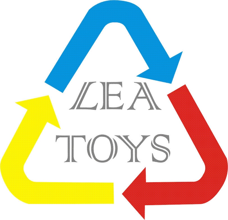 May include: A logo for a company called "LEA TOYS" with a recycling symbol in the background. The symbol is made up of three arrows, one blue, one yellow, and one red.
