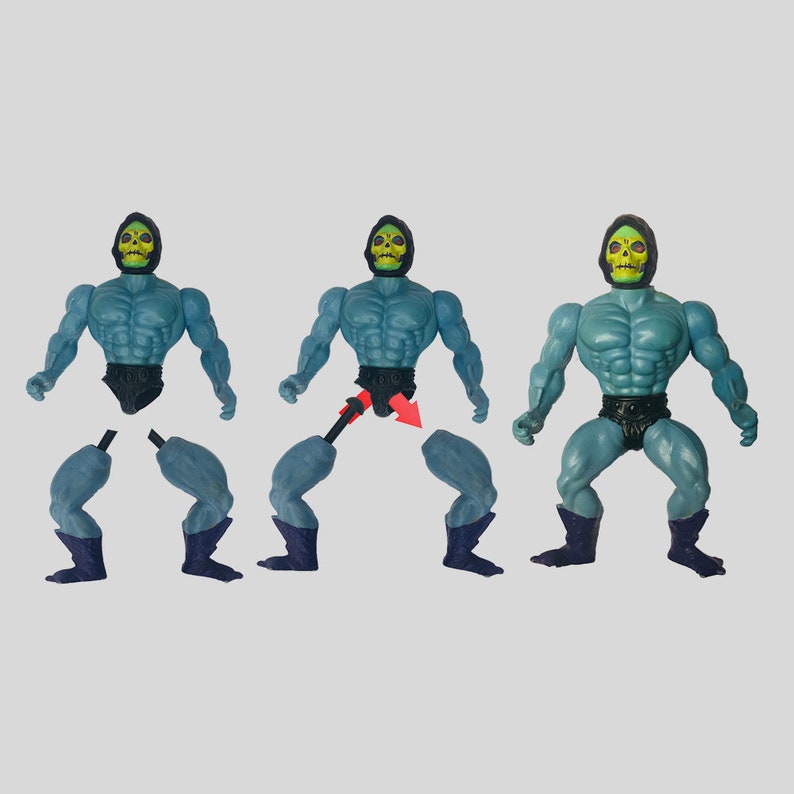 May include: A blue action figure with a green skull head and a black cape. The figure is shown in three different poses, with the legs being swapped out. The figure is a popular toy from the 1980s.