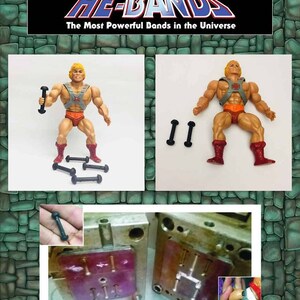 May include: A set of black rubber exercise bands with the text "HE-BANDS The Most Powerful Bands in the Universe" on a green stone background. The bands are shown next to a He-Man action figure.