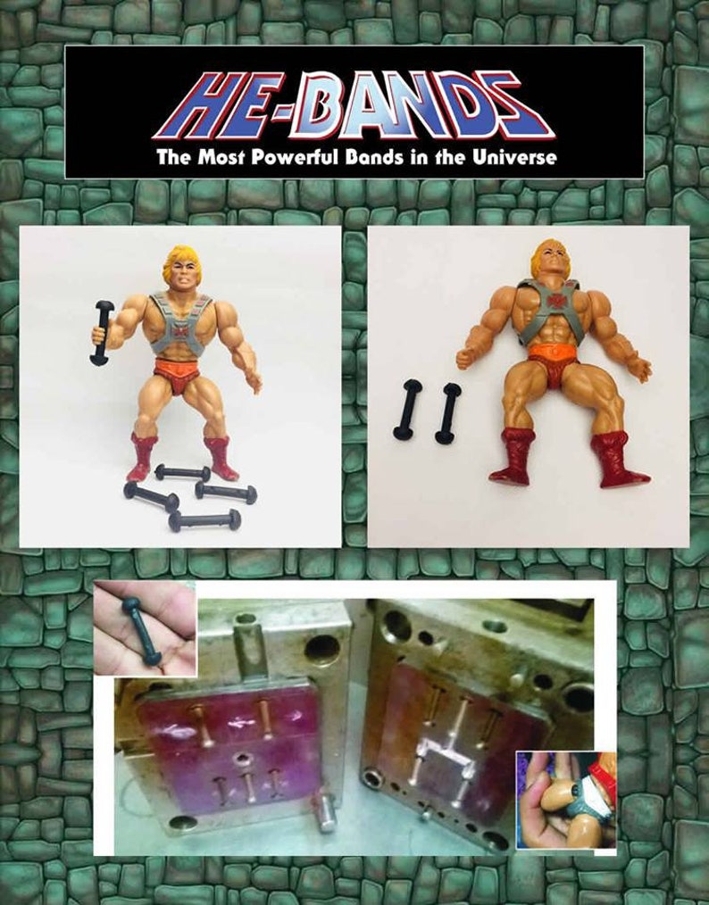 May include: A set of black rubber exercise bands with the text "HE-BANDS The Most Powerful Bands in the Universe" on a green stone background. The bands are shown next to a He-Man action figure.