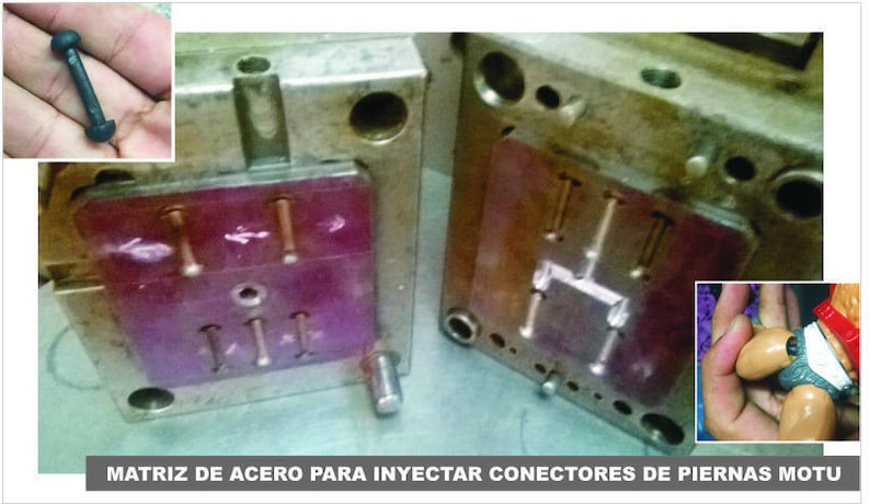 May include: Close-up of a metal mold with a red plastic insert. The mold is used to create plastic connectors for toy figures. The text "MATRIZ DE ACERO PARA INYECTAR CONECTORES DE PIERNAS MOTU" is visible on the bottom of the image.