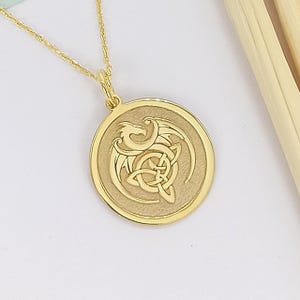 14k Gold Celtic Knot Dragon Necklace: Personalized Triquetra Pendant