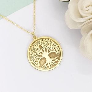 14k Solid Gold Tree Of Life Necklace Charm For Women, Tree Of Life Disc Pendant, Yggdrasil Necklace, Celtic Jewelry, Engraved Tree Of Life