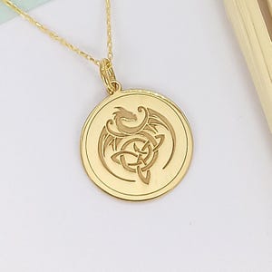14k Gold Celtic Knot Dragon Necklace: Personalized Triquetra Pendant